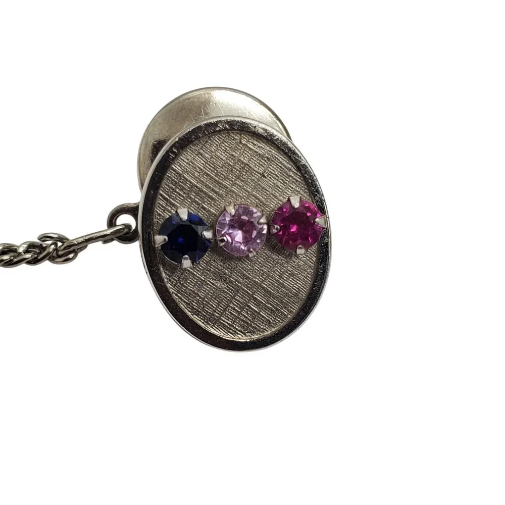 Sterling Silver Oval Tie Tack Blue Pink Purple Vintage Mens 1960s Lapel Pin Tac